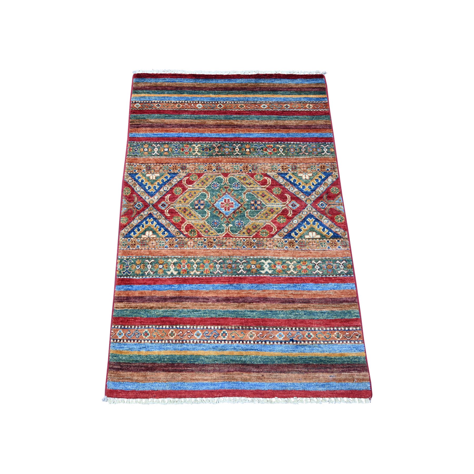 Crimson Red, Afghan Super Kazak with Khorjin Design, Hand Knotted, Pure Wool, Vegetable Dyes, Sample, Mat, Oriental Rug